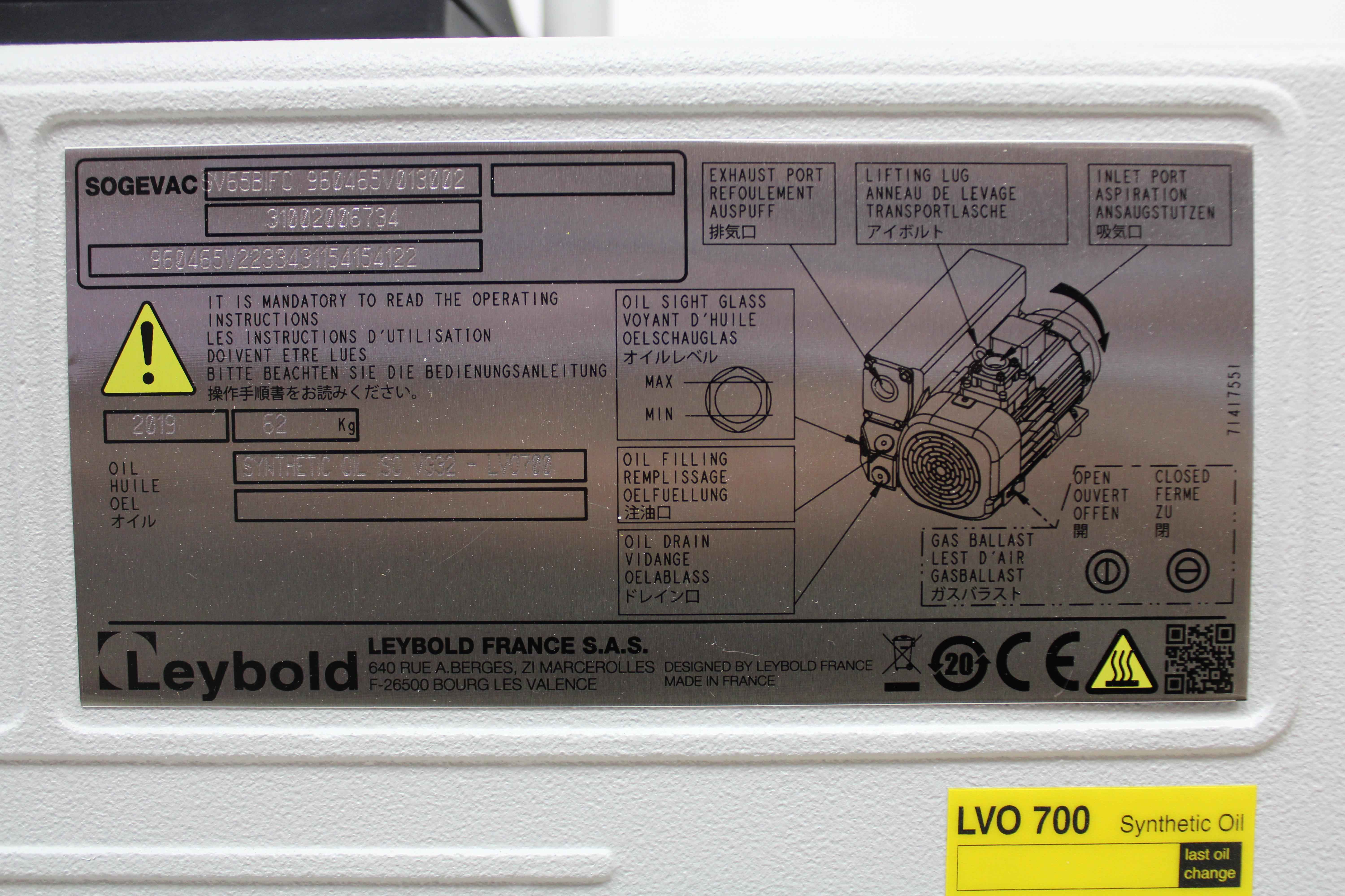 Leybold Sogevac SV65BIFC Vacuum Pump 960465V013002 Low Noise System 2019