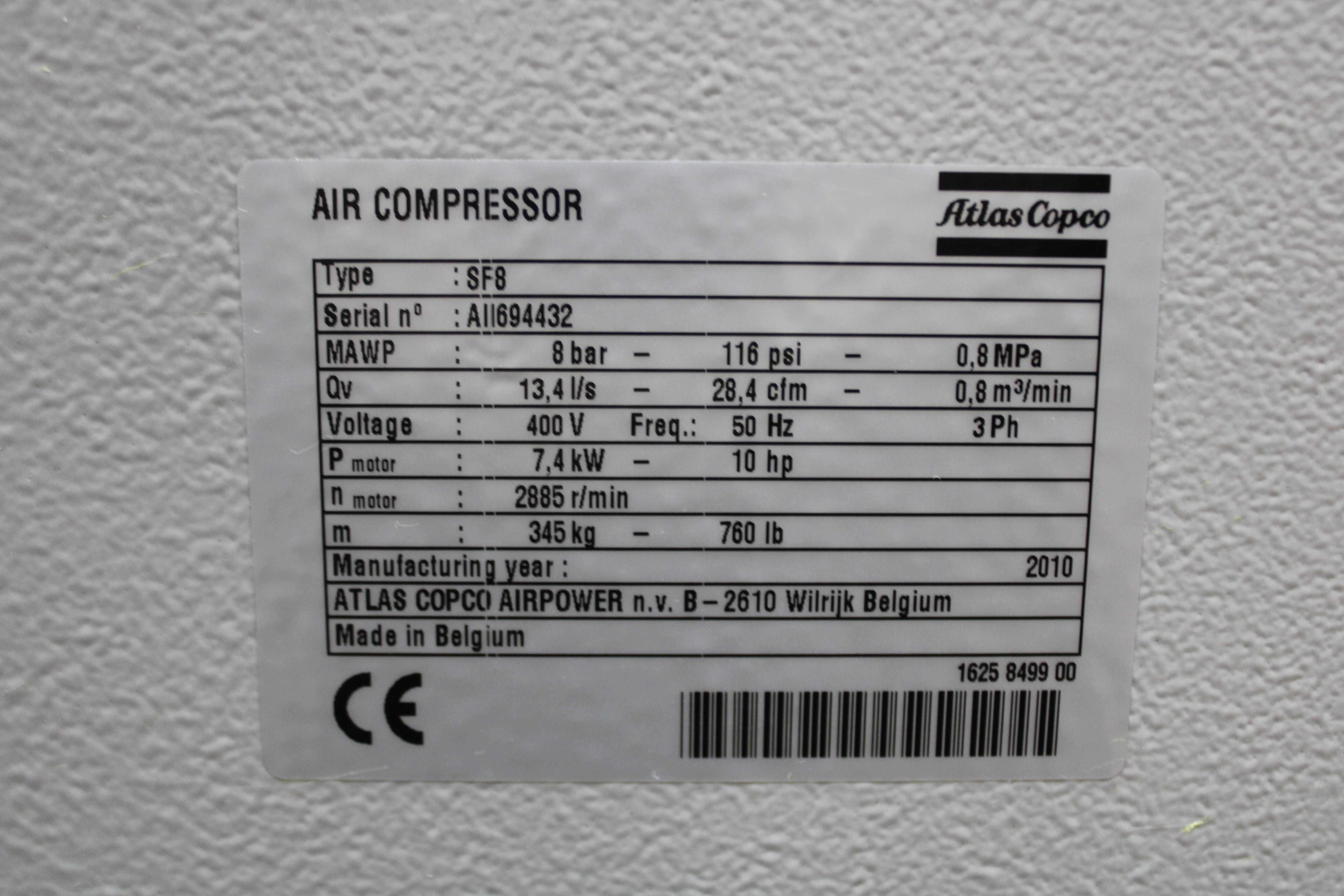 Atlas Copco SF8 Air Compressor Oilless 400V Dust Elimination Belgium