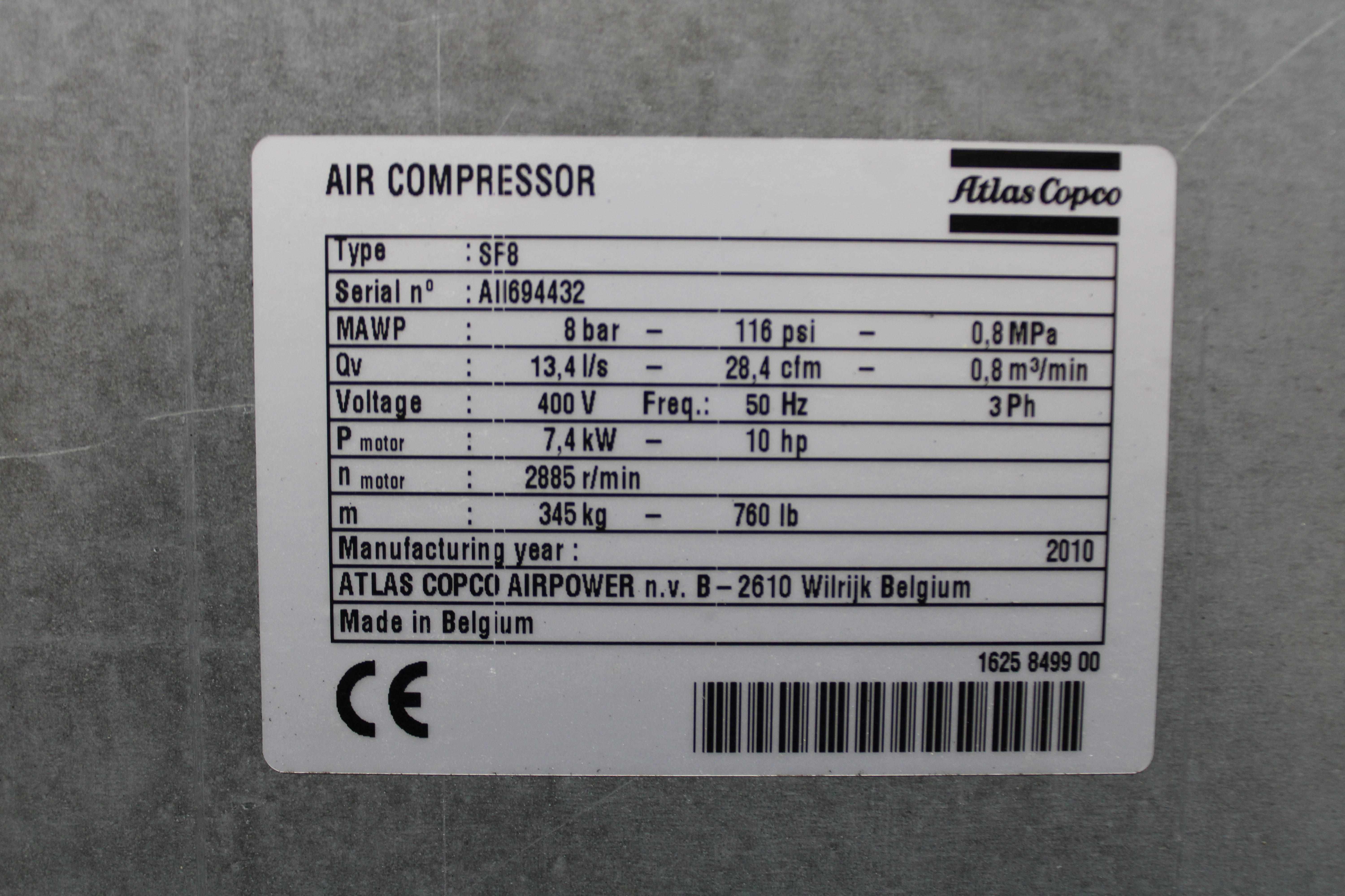 Atlas Copco SF8 Air Compressor Oilless 400V Dust Elimination Belgium