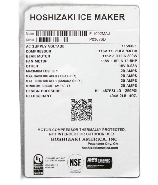 Hoshizaki Ice Maker F-1002MAJ Commercial Air-Cooled, 980lb Flake Production
