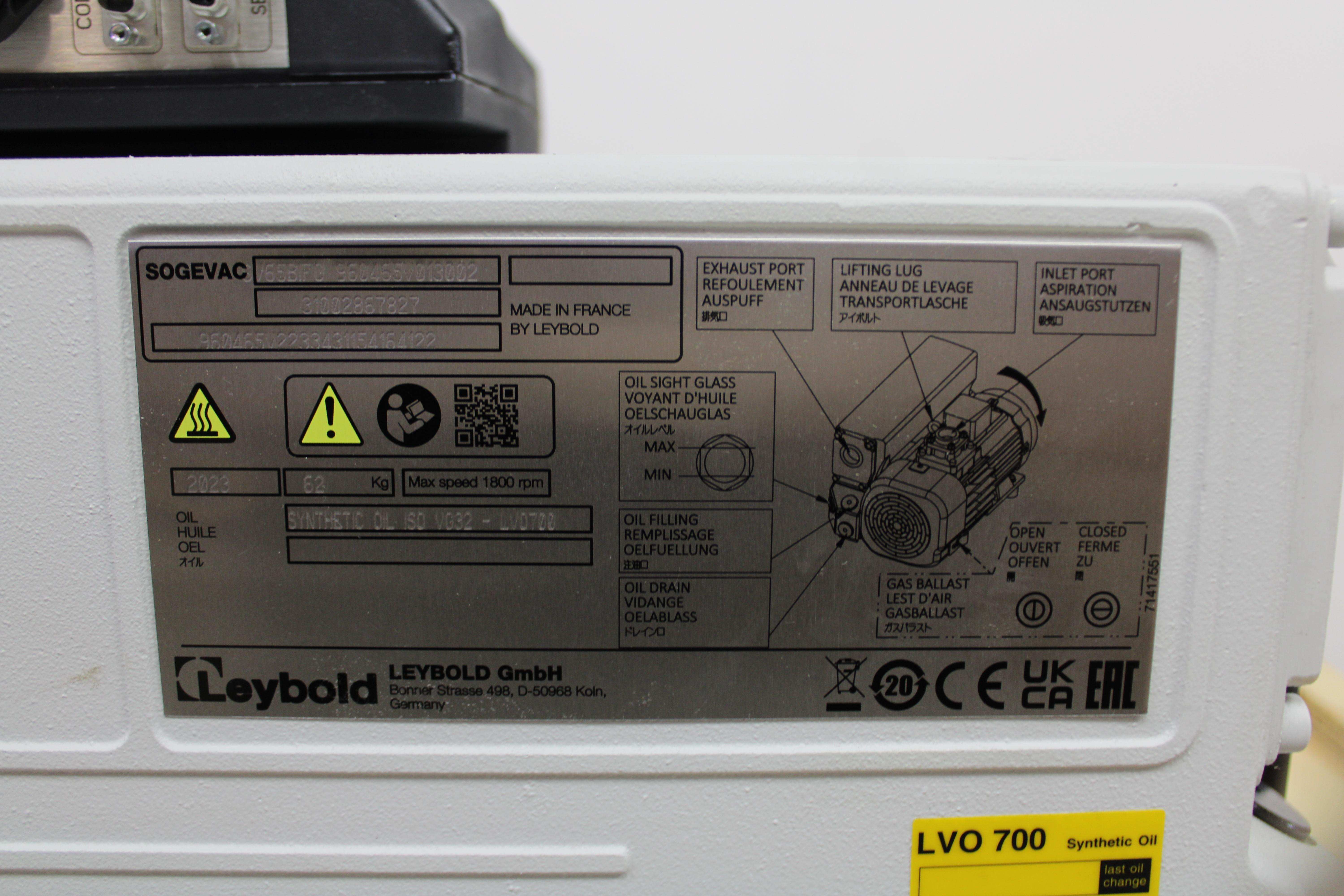Leybold Sogevac SV65BIFC Vacuum Pump, 200-240V, 50/60Hz, Upgraded Drive