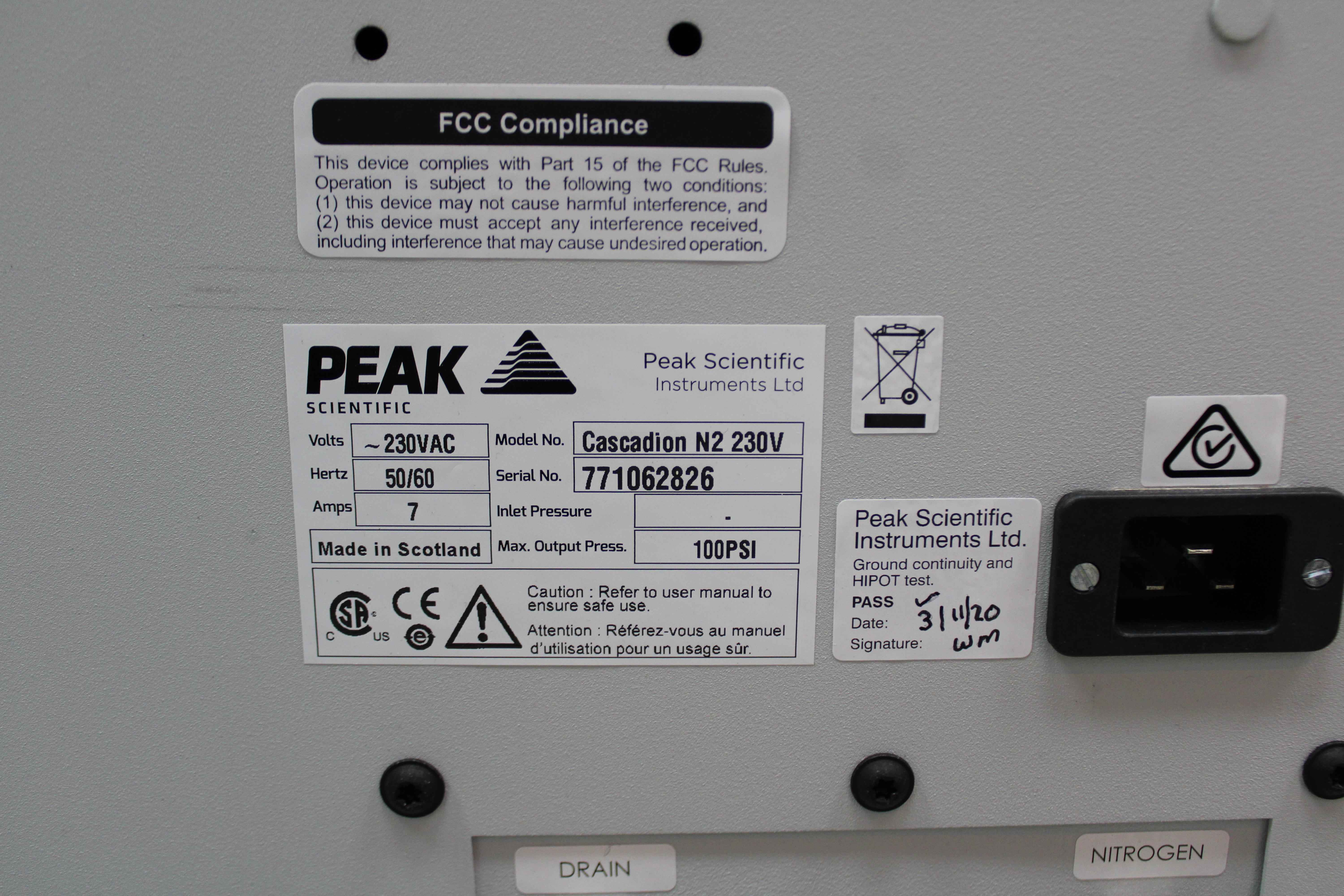 Peak Scientific Cascadion N2 230V Nitrogen Generator Compressor Based Safe Lab Use