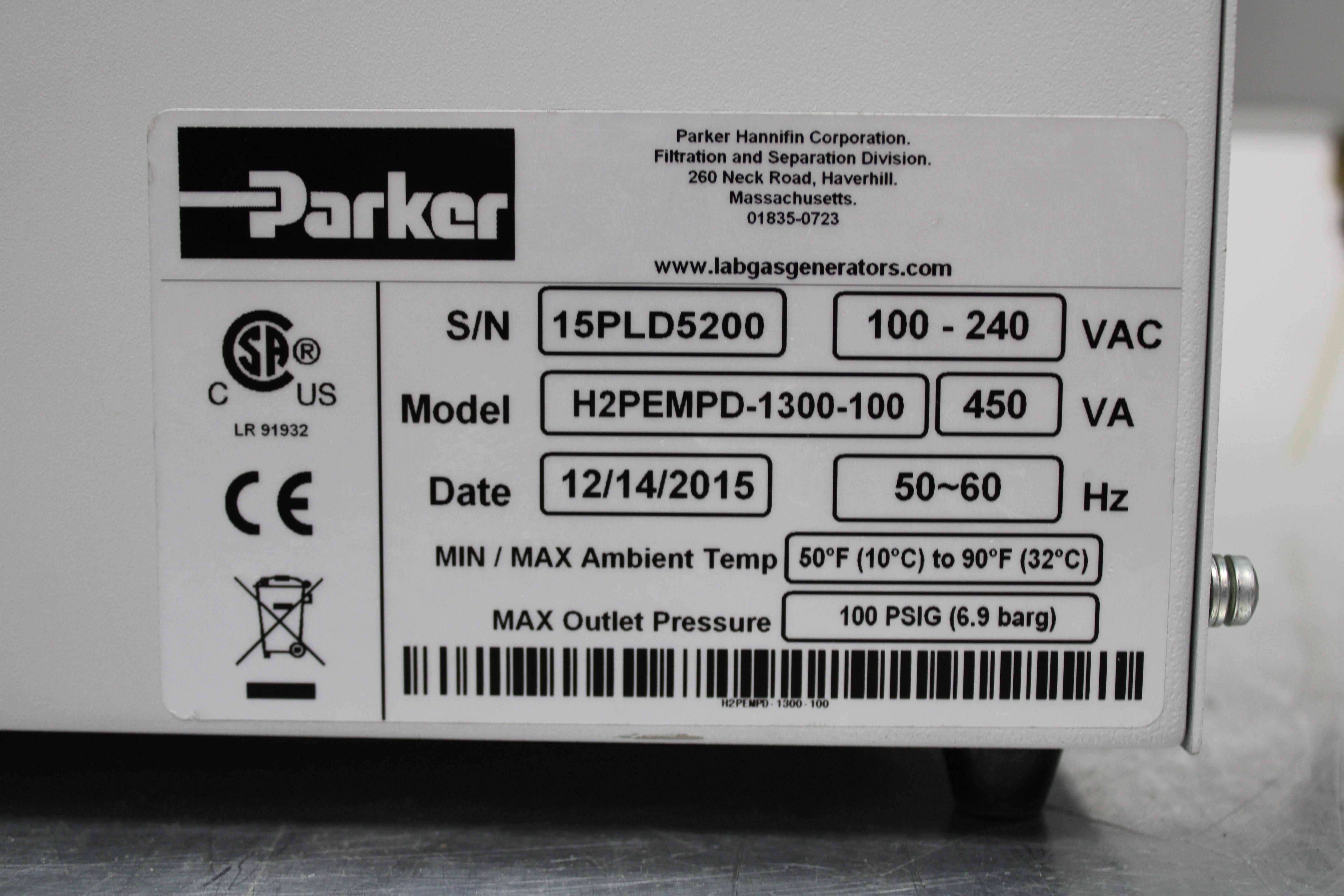 Parker H2PEMPD-1300-100 Hydrogen Generator, 1300 cc/min Capacity, Pure Gas