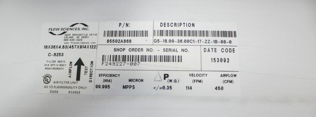 Flow Sciences C-8253 Top Mount Fan w Hepa Filter VG Condition 18x36