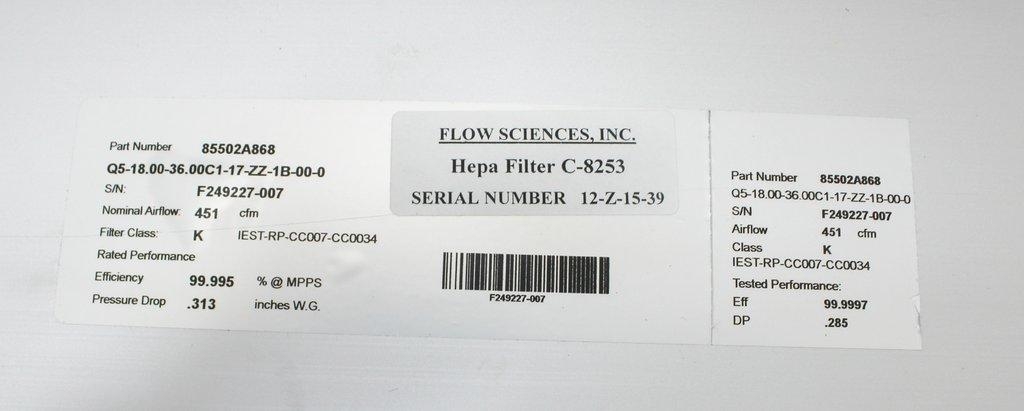 Flow Sciences C-8253 Top Mount Fan w Hepa Filter VG Condition 18x36