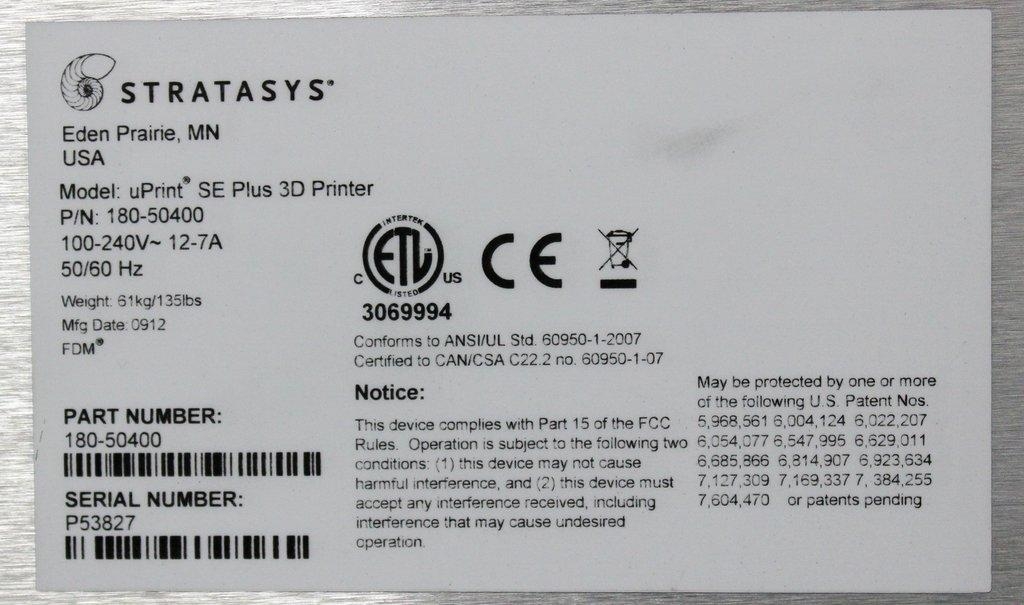 Stratasys uPrint SE Plus 3D Printer AS-IS Parts Not Working Needs Repair