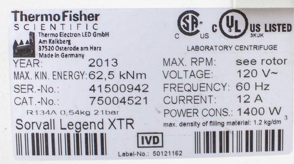 Thermo Sorvall Legend XTR Benchtop Centrifuge -10C, 15,200 RPM 3L Capacity