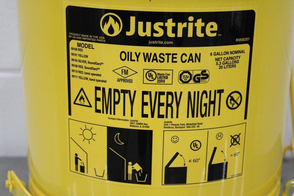 Justrite 09101 Oily Waste Can Steel 6 Gallon Yellow Self-Closing Lid