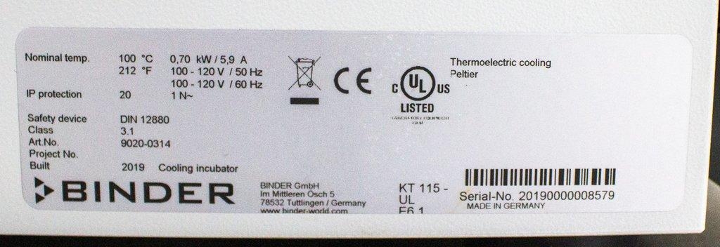 Binder KT 115 Refrigerated Incubator, 4-100C, Peltier Technology, 102L