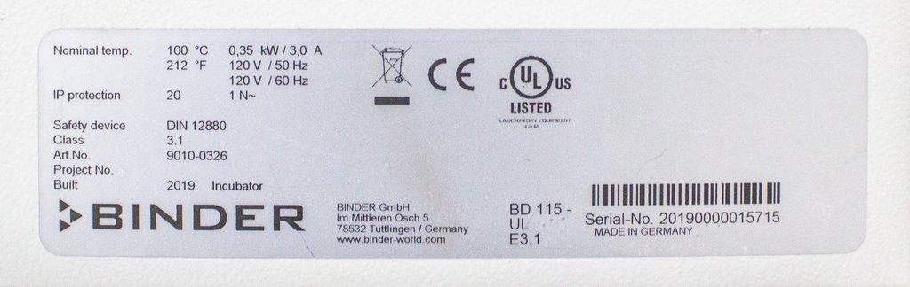 Binder BD 115 Incubator Gravity Convection 112L 100°C Temp Range