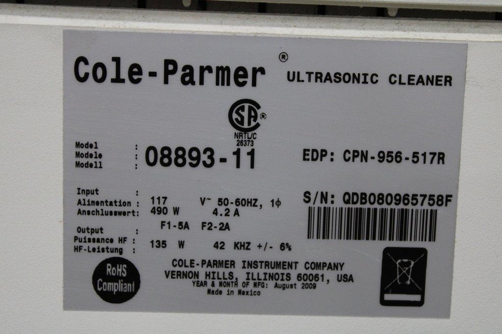 Cole Parmer Ultrasonic Cleaner 08893-11 Industrial Sonicating Bath 117V 60Hz