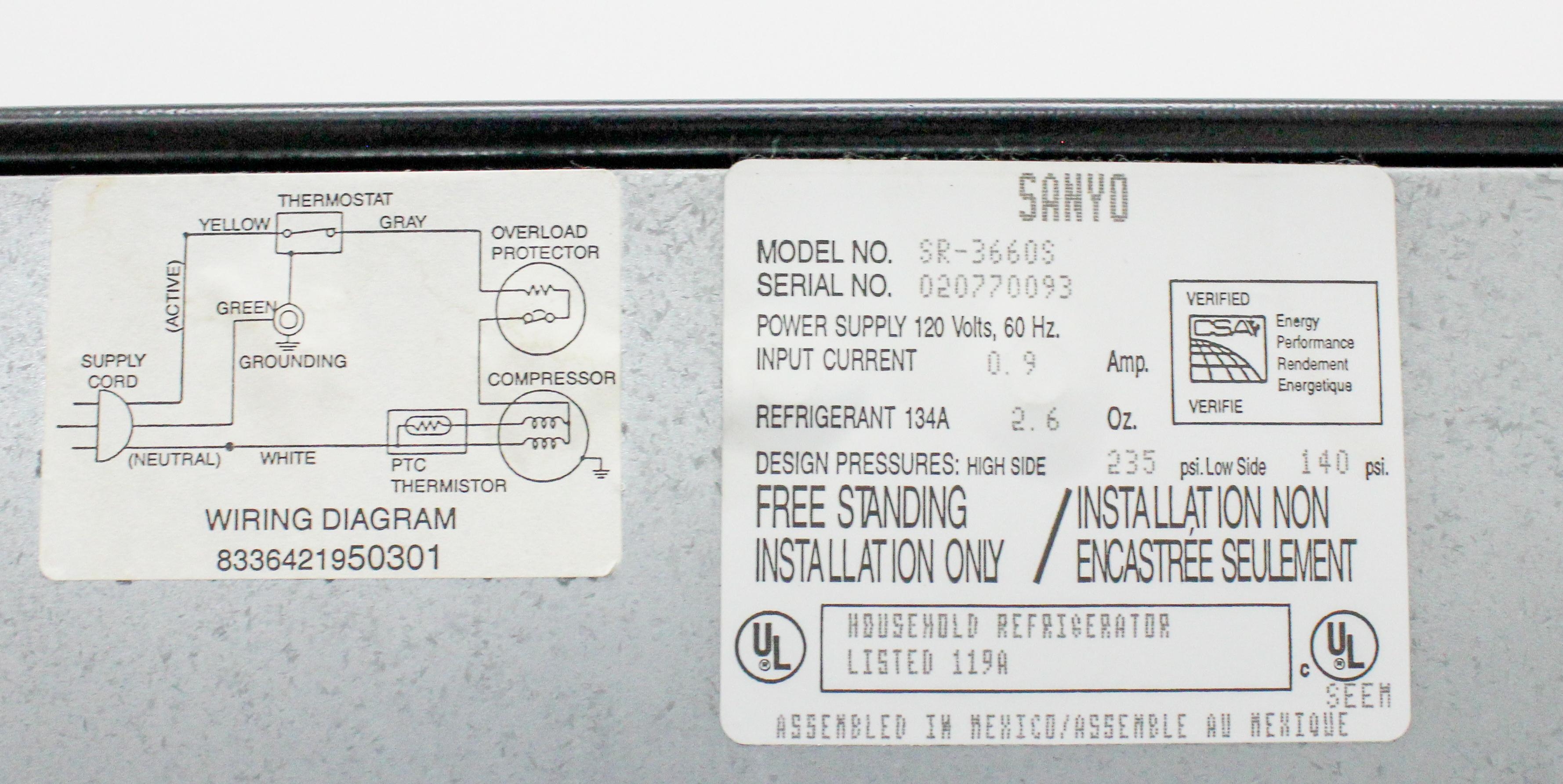 Sanyo SR-3660S Compact Refrigerator 3.6 Cu Ft Stainless Steel Office Dorm