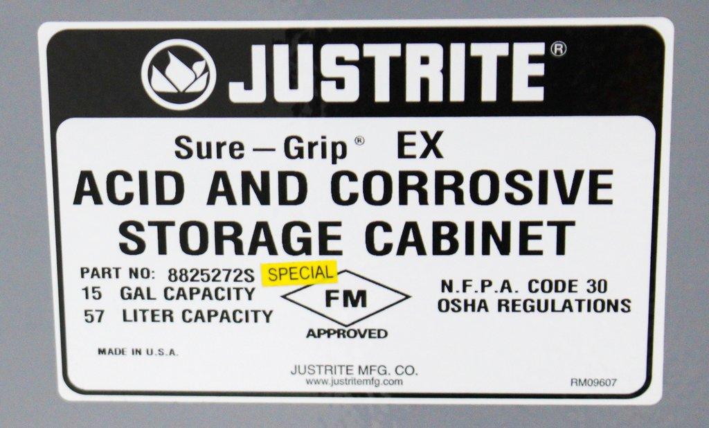 Justrite Sure Grip EX Storage Cabinet Corrosive Cabinet 15 Gal 8825272S Used