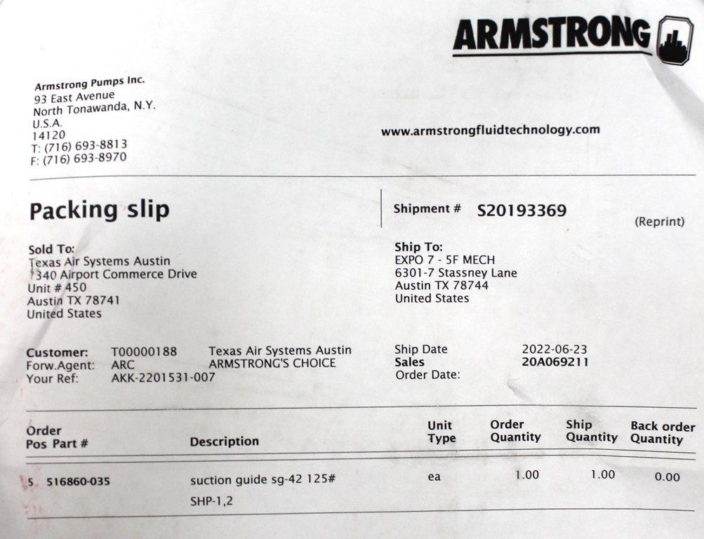 Armstrong 516860-035 Suction Guide sg-42 Process Scale-Up Accessory