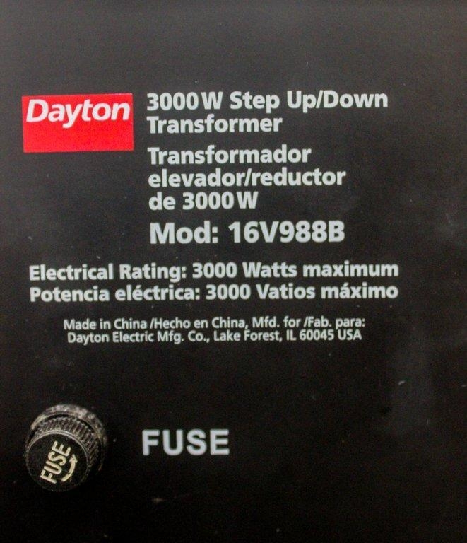 Dayton 3000W Transformer 16V988B Electrical Converter 110-220V 50/60Hz