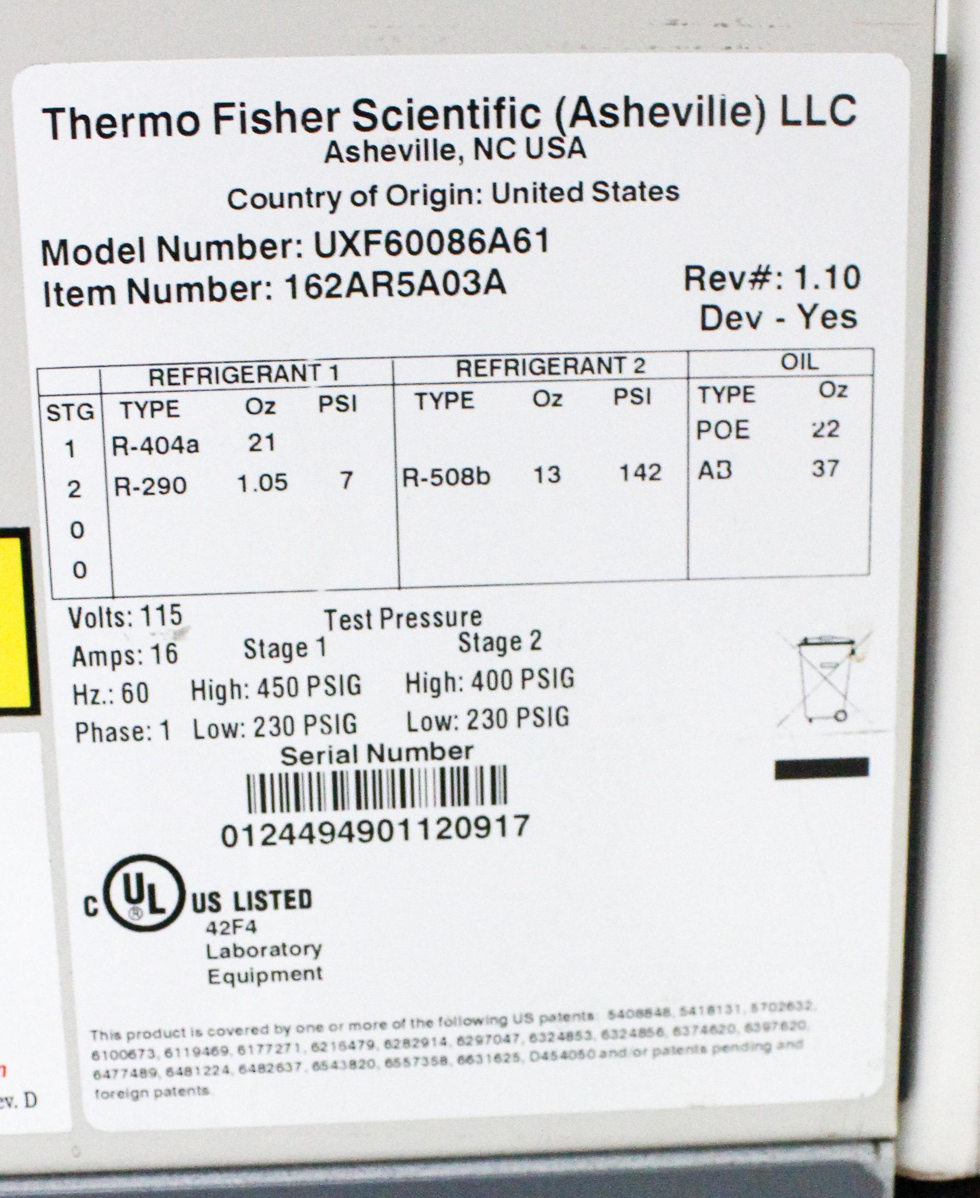 Thermo Scientific UXF60086A Ultra Low Freezer -86C Lab Storage System