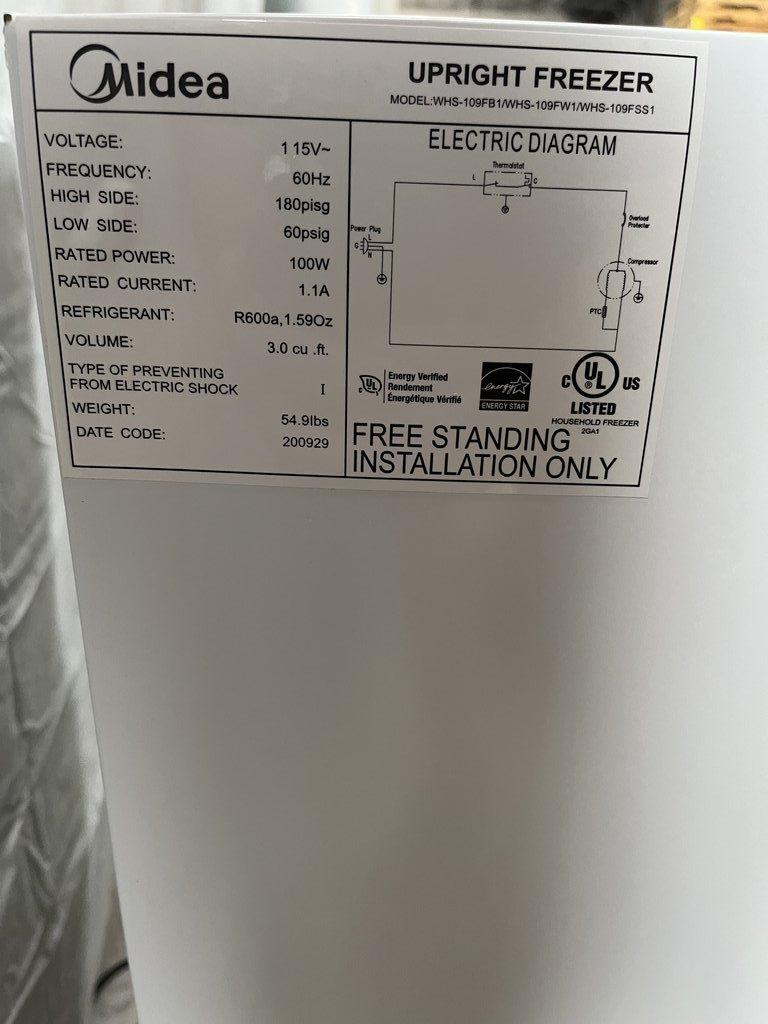 MIDEA WHS-109FB1 Upright Freezer Cold Storage System Good Condition 3.0 Cu Ft