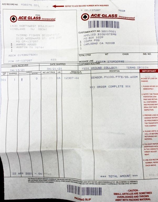 Ace Glass 12307-44 Sensor,pt100,PTFE/SS,600M Temperature Sensing Device