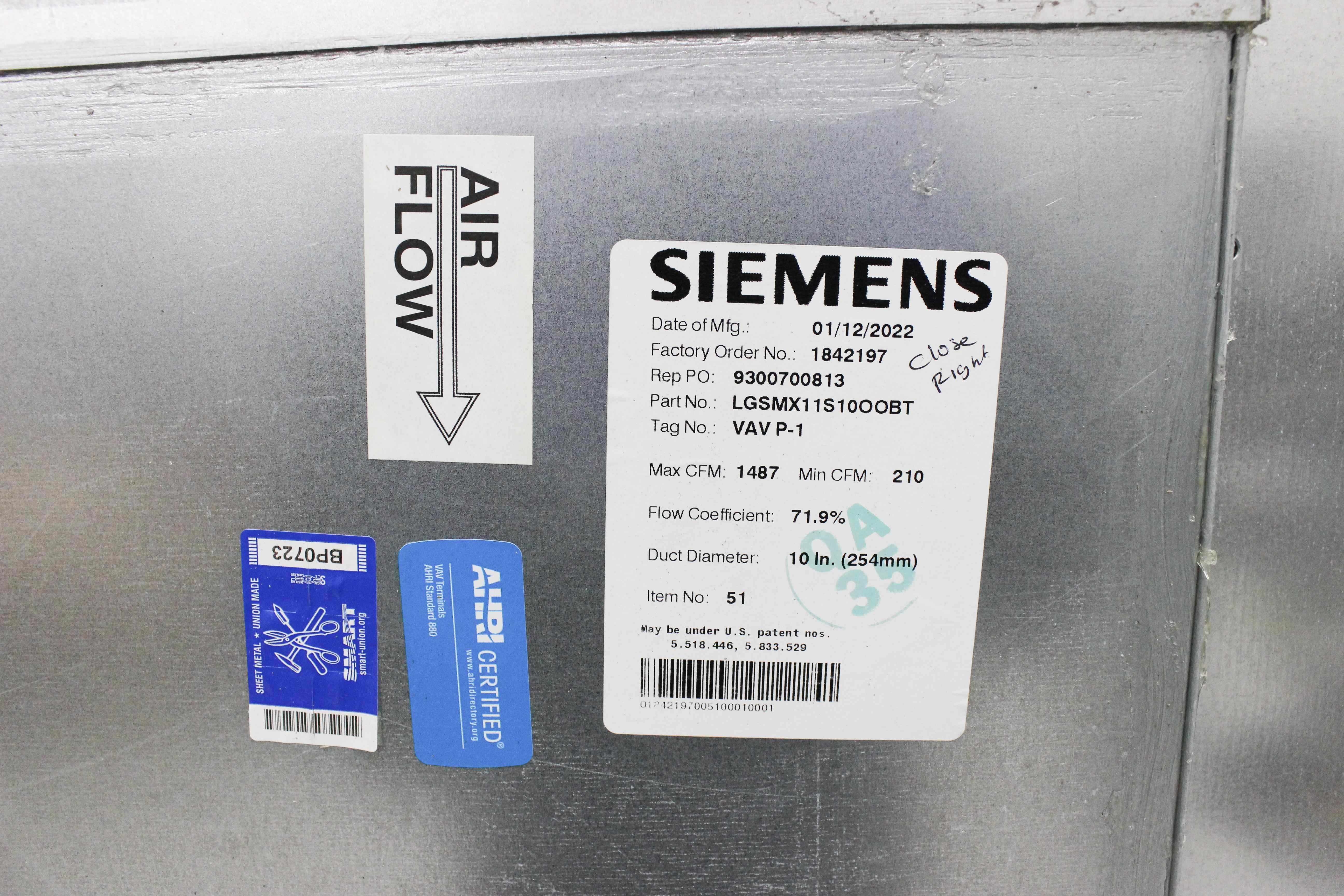 Siemens LSGMX11S10OOBT Lab Air Terminal HVAC High Precision Control