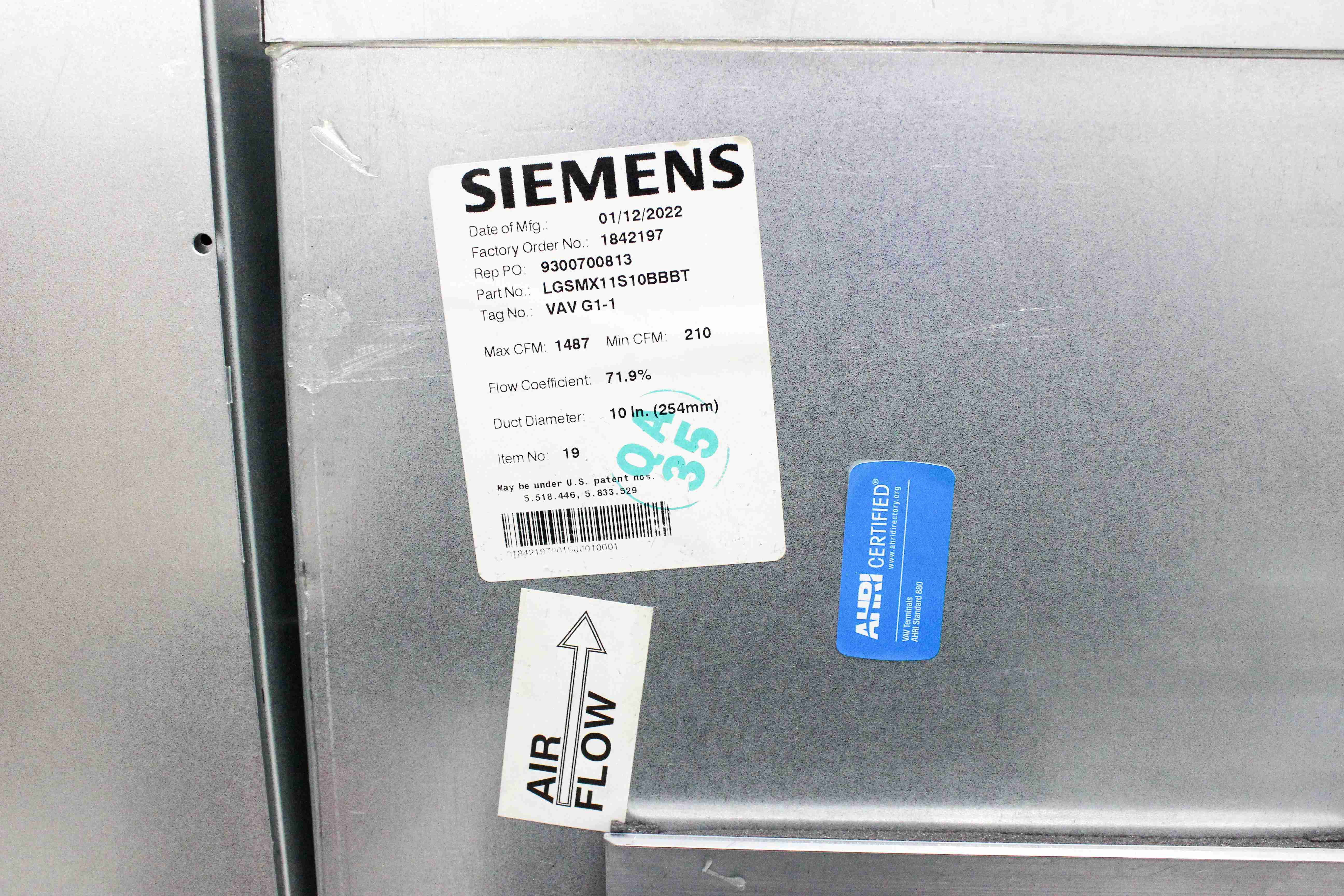 Siemens LGSMX11S10BBBT Air Terminal Lab HVAC Clean Air Control