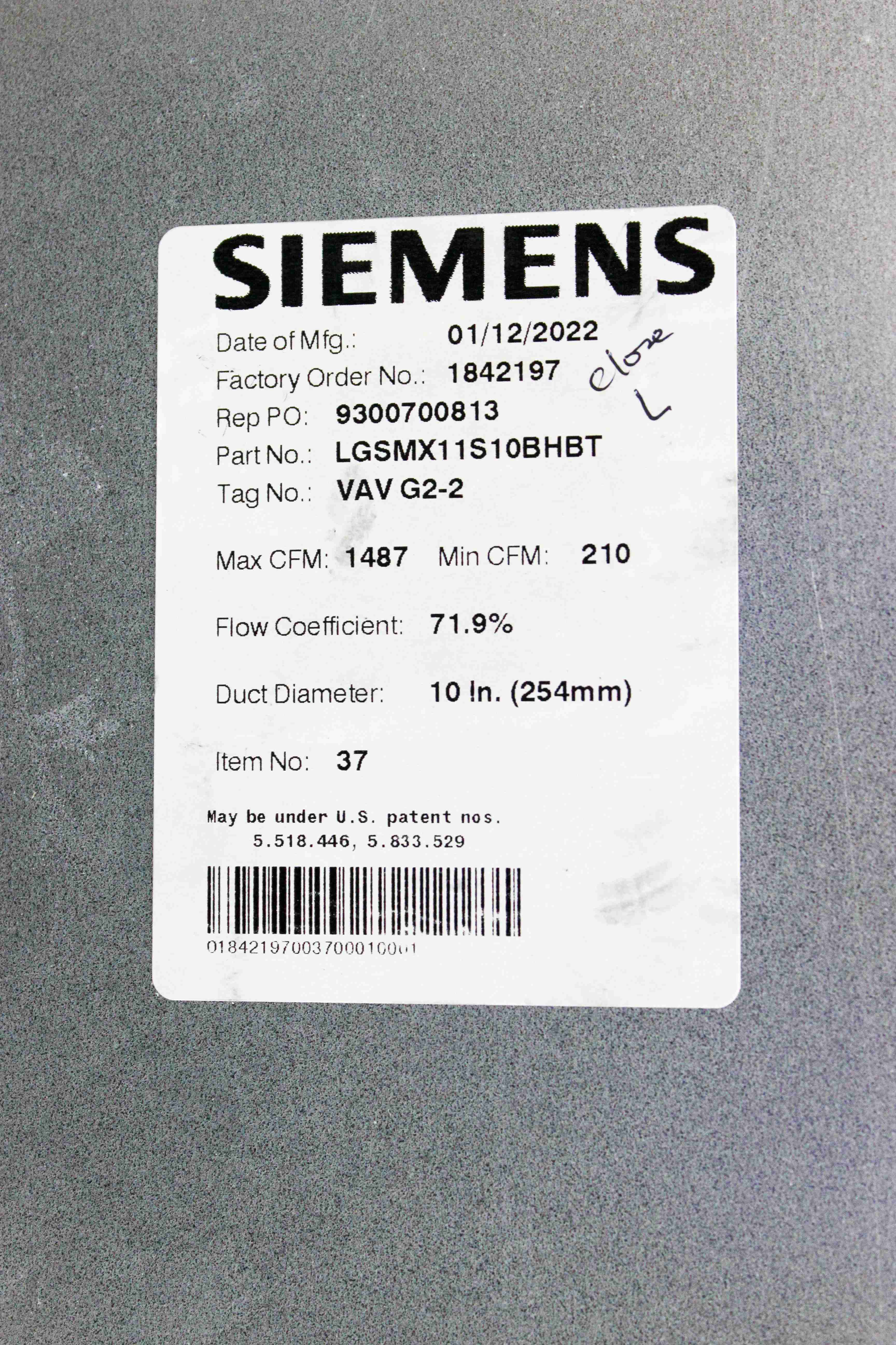 Siemens LGSMX11S10BHBT Lab Single Duct Air Terminal Precision Airflow Control