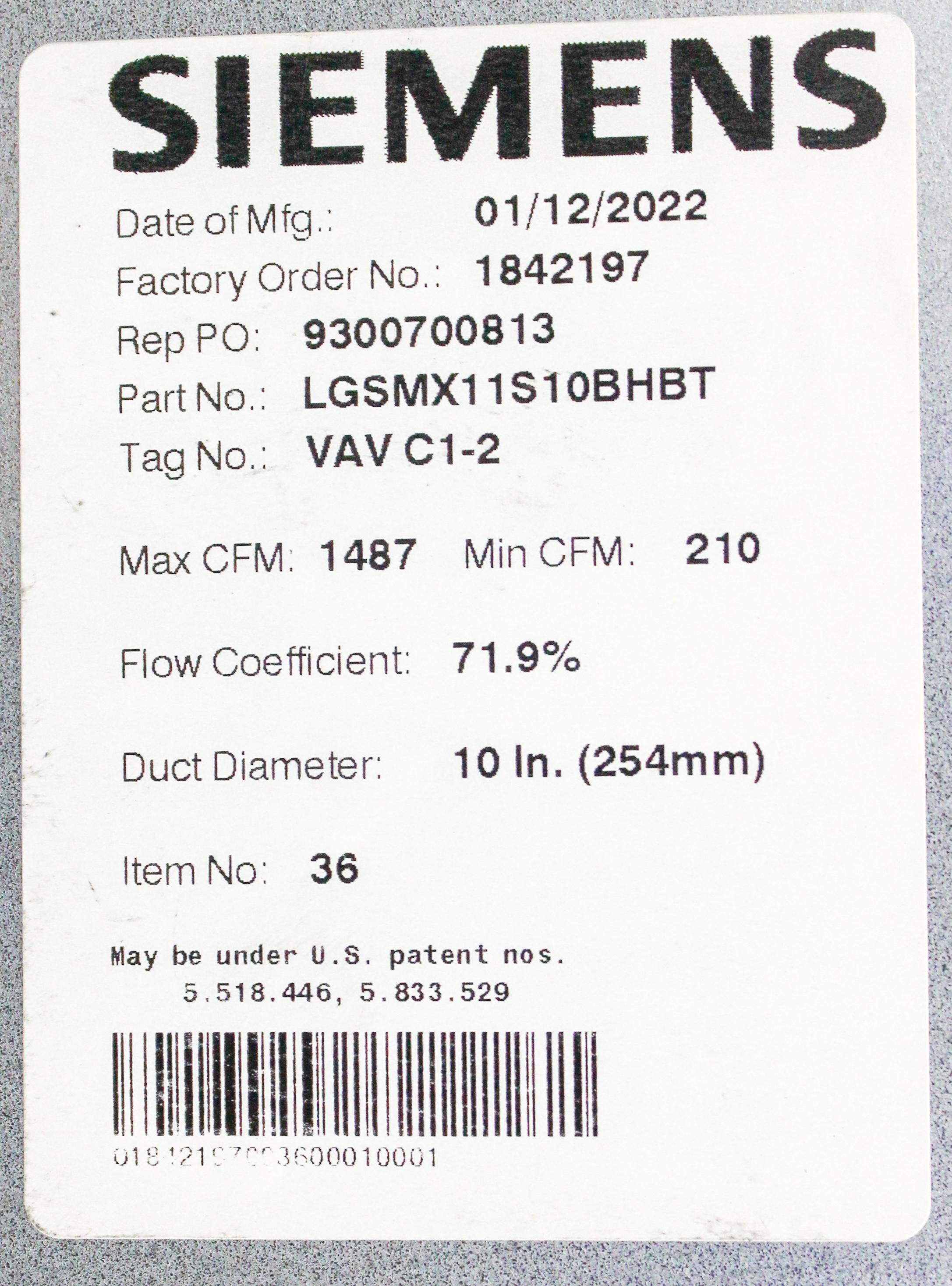 Siemens LGSMX11S10BHBT Lab Air Supply Terminal U Precision Airflow Control