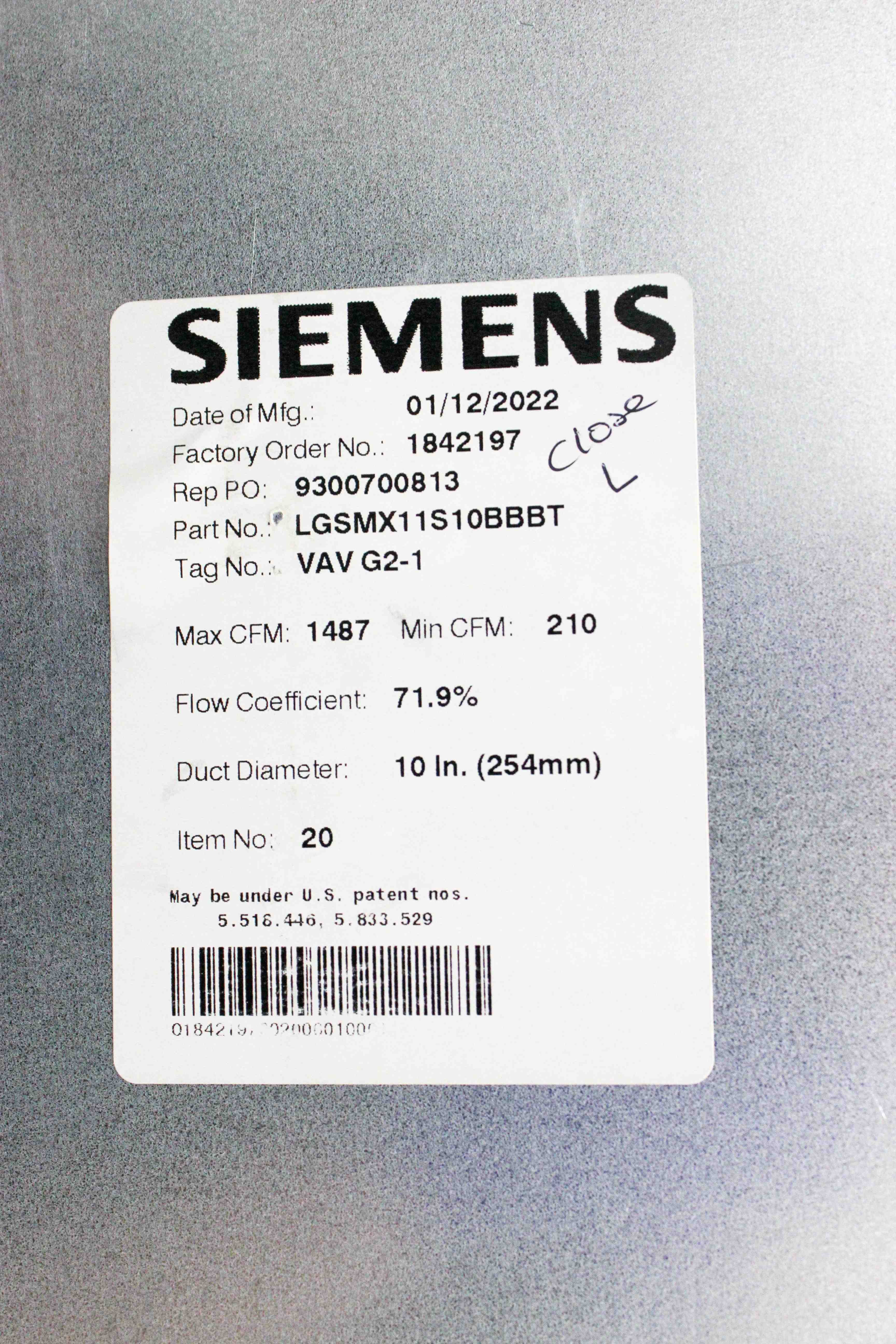 Siemens LGSMX11S10BBBT Lab Air Terminal Reliable Precision Airflow Control