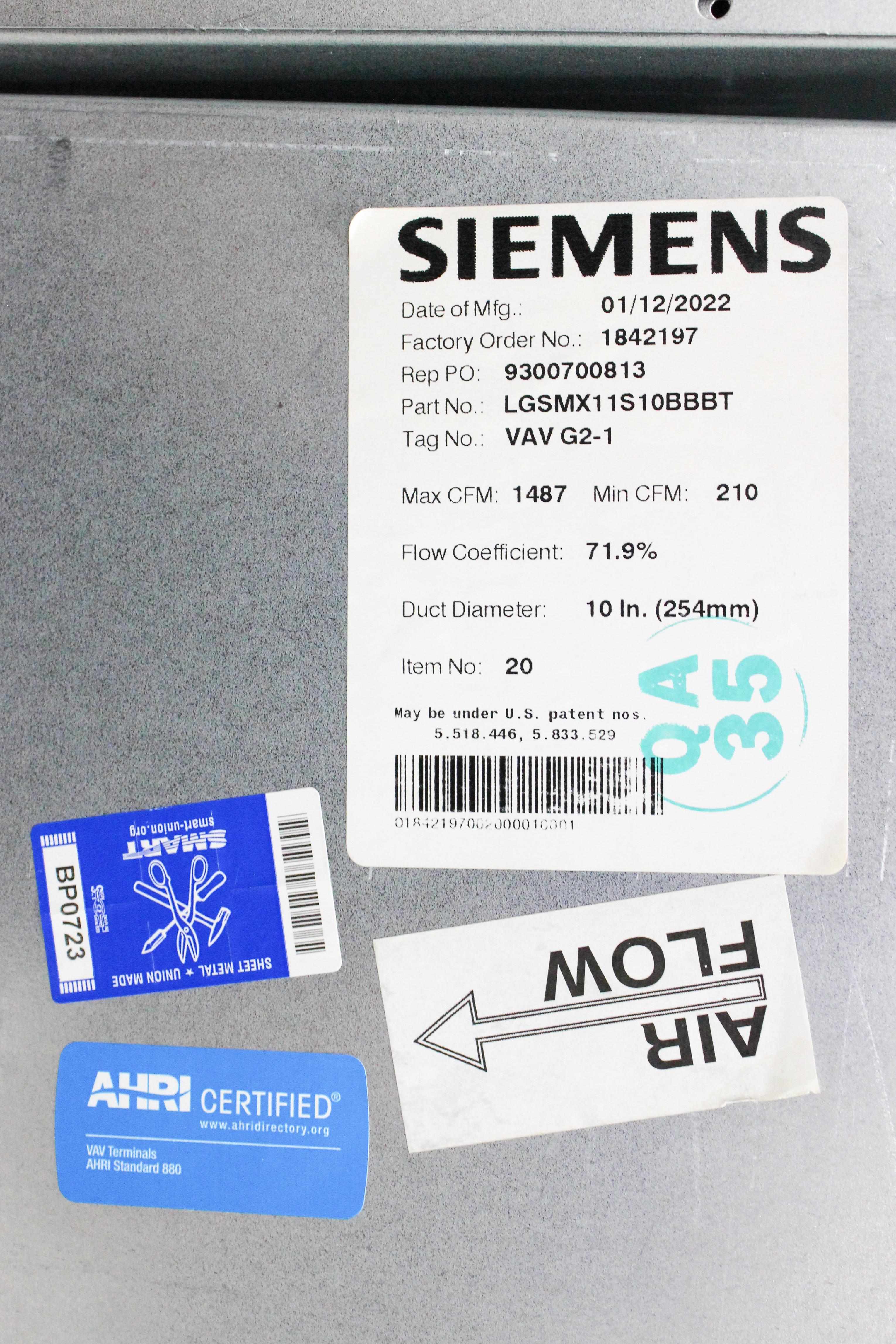 Siemens LGSMX11S10BBBT Lab Air Terminal Reliable Precision Airflow Control