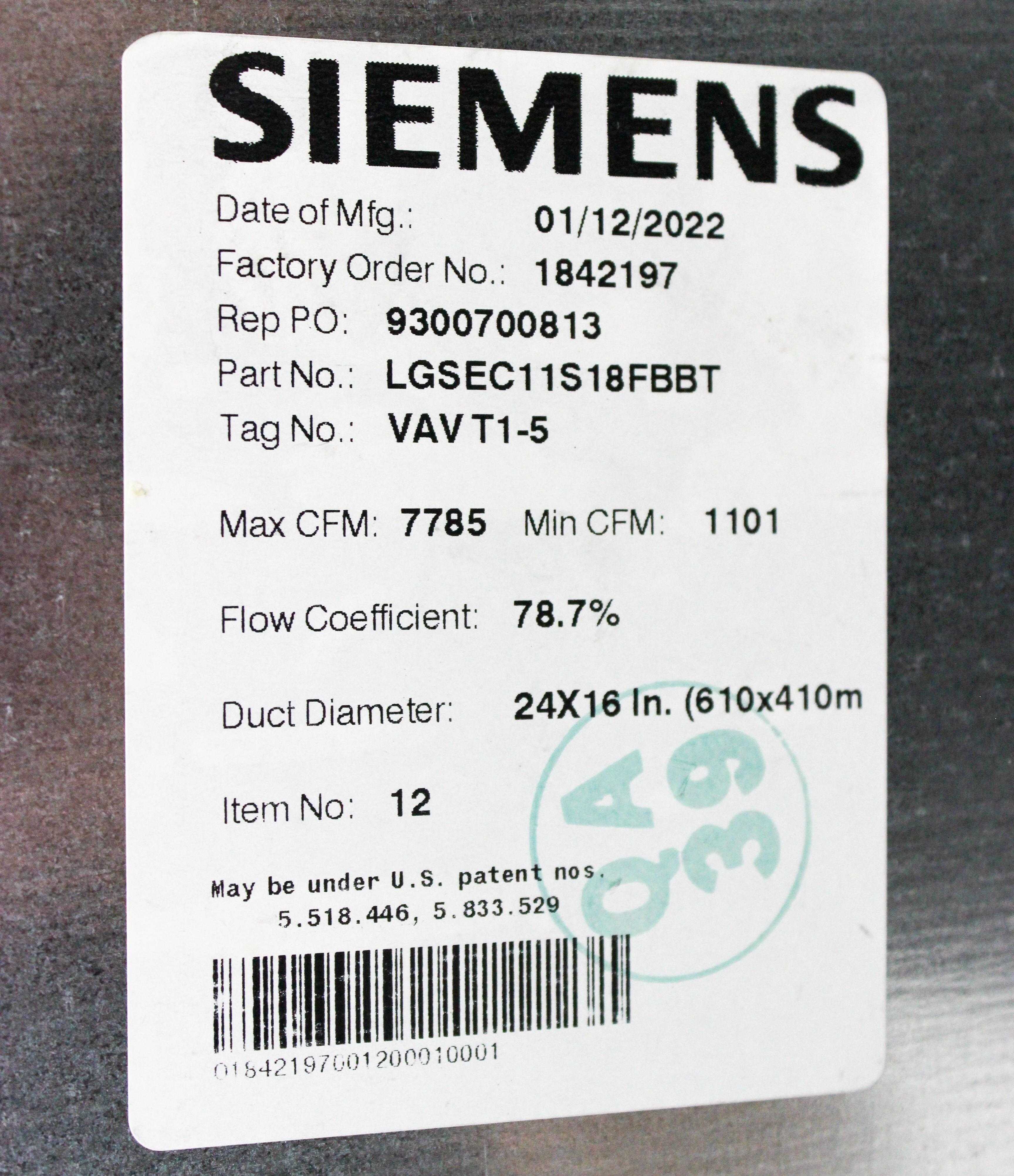 Siemens LGSEC11S18FBBT Lab Air Terminal HVAC VAV System 2022 Lab Use