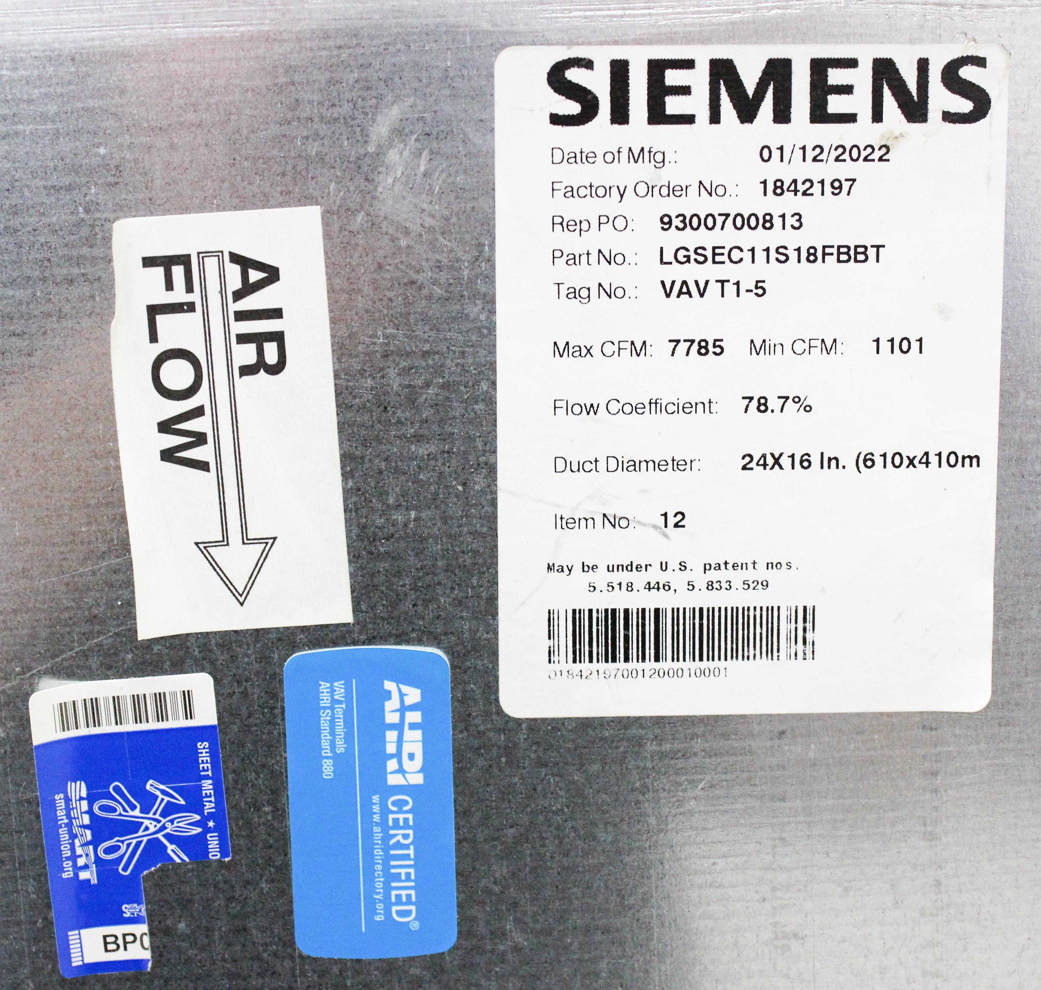 Siemens LGSEC11S18FBBT Lab Air Terminal HVAC VAV System 2022 Lab Use