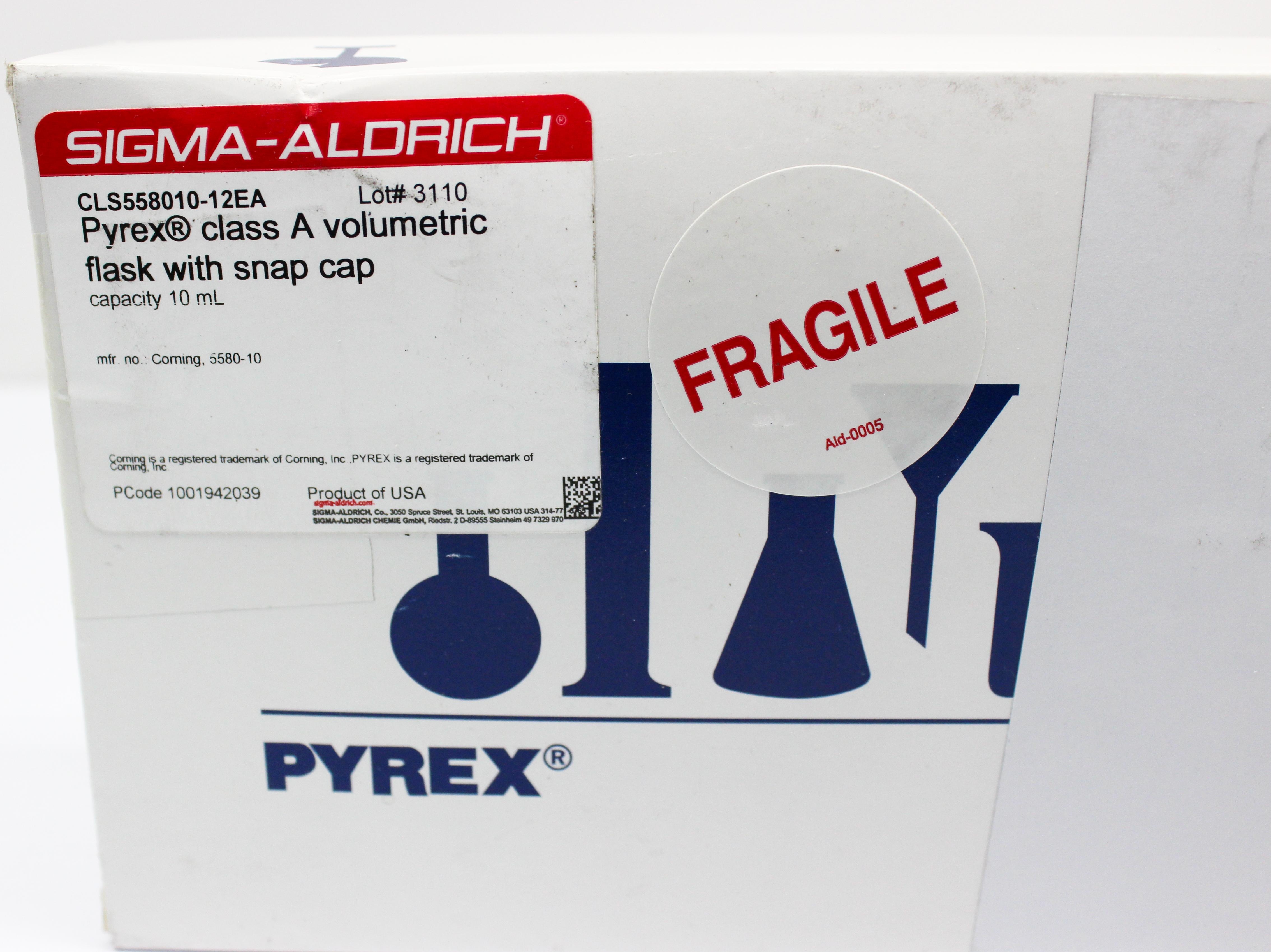 Corning Pyrex Volumetric Flask 10 mL Capacity, Class A Precision, 12 Pack