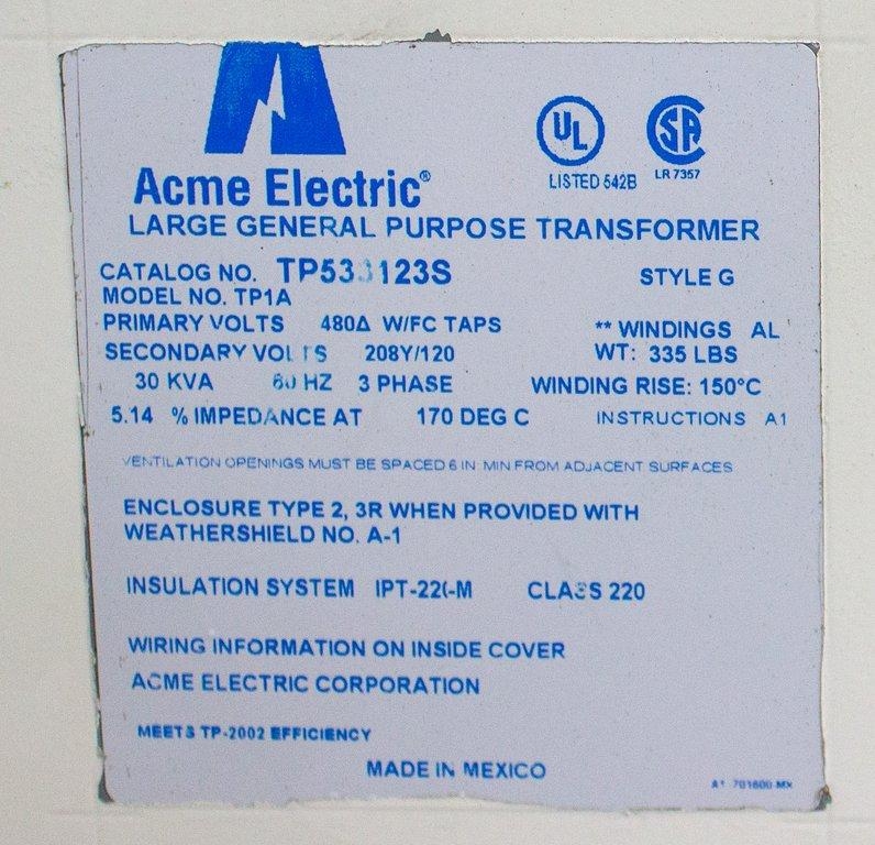 Acme TP1A Transformer 30 KVA 480V 60 Hz Weatherproof UL & CSA Certified