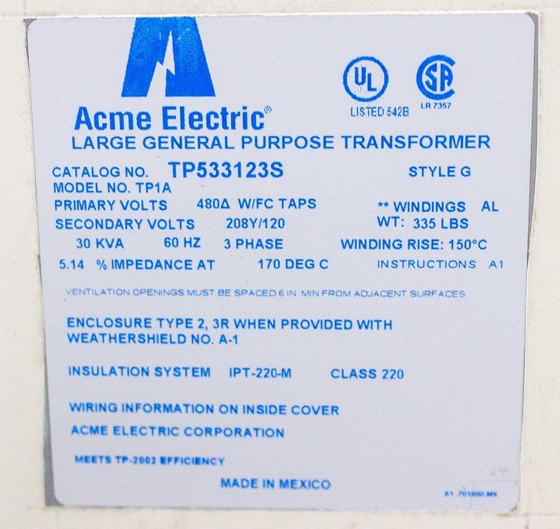 Acme TP1A Transformer Large 480V 30 KVA Industrial Application 60Hz