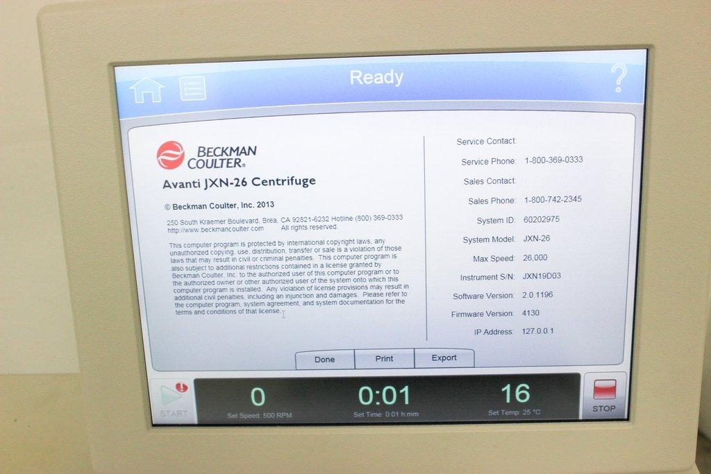 Beckman Avanti JXN-26 Floor Centrifuge -10C to +40C 6L Capacity 26000 RPM