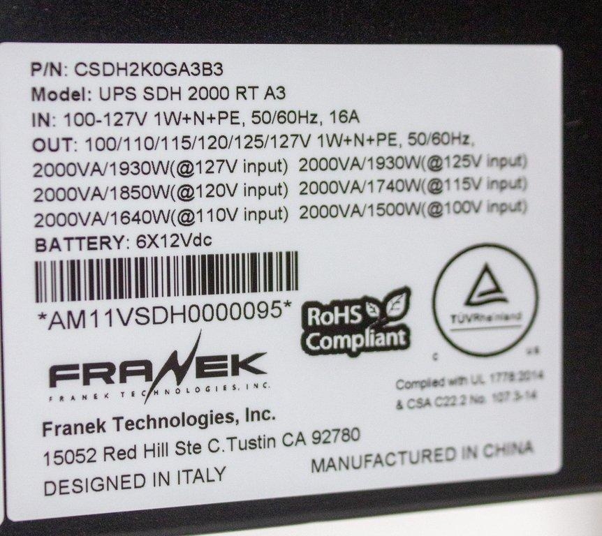 Franek UPS SDH 2000 RT A3 Power Supply CSDH2K0GA3B3 2000VA 120V Input