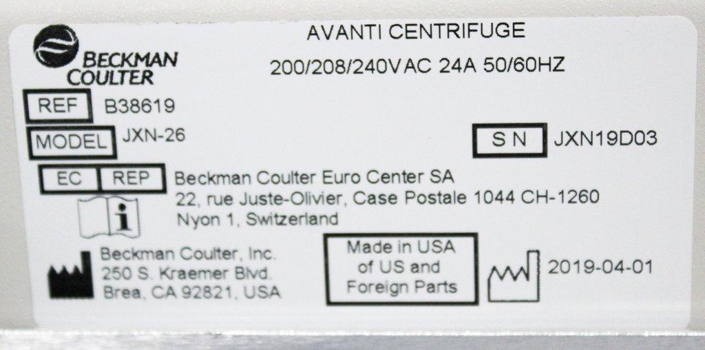 Beckman Avanti JXN-26 Floor Centrifuge -10C to +40C 6L Capacity 26000 RPM