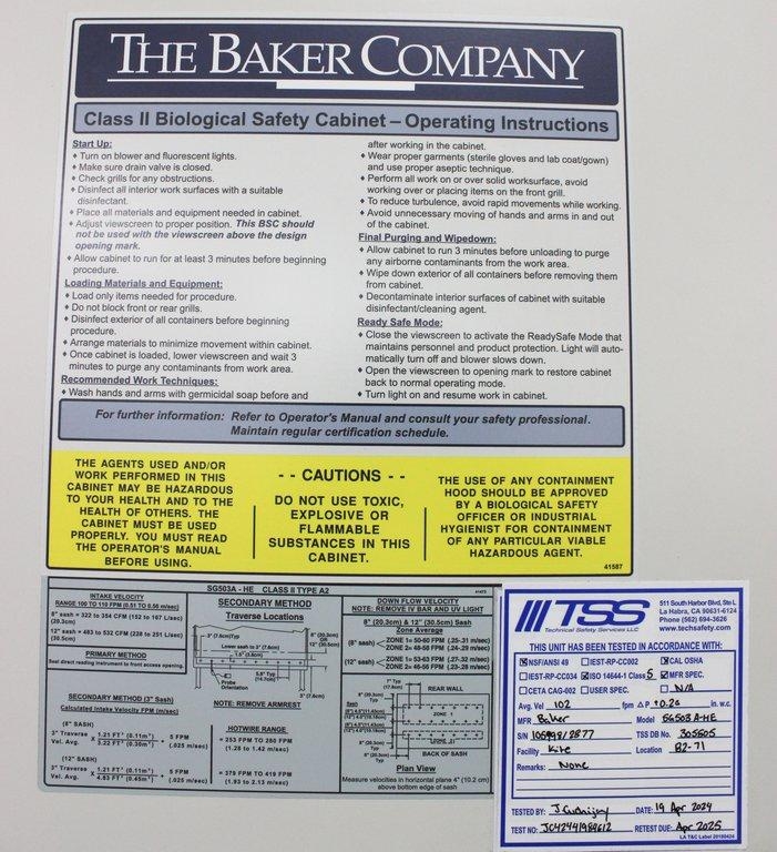 Baker SG503AHE 5ft Biosafety Cabinet Airflow/Ergonomic System