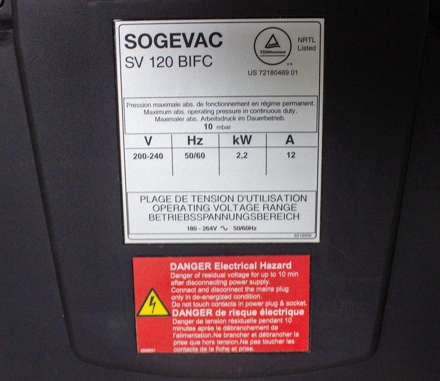 Leybold Sogevac SV 120 BIFC Single-Stage Oil-Sealed Rotary Vane Pump