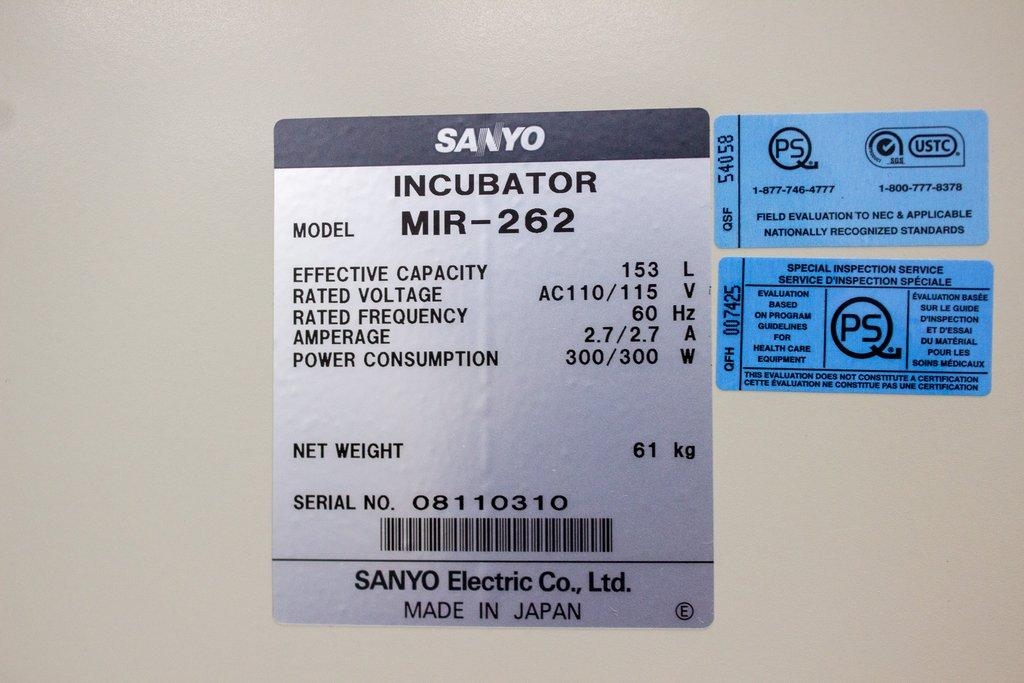 Sanyo MIR-262 Incubator Incubator 5.4 cu.ft Temp Range +5C to +80C PID Control