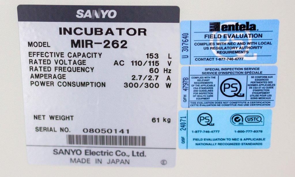 Sanyo MIR-262 Heated Incubator VG 5.4 cu.ft Temp Control +5°C to +80°C
