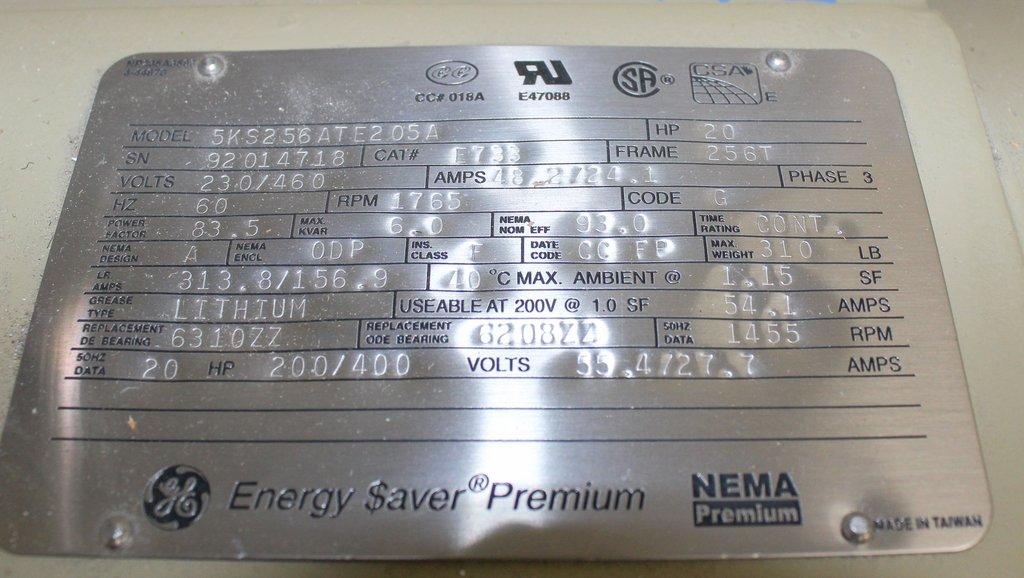 GE 5KS256ATE205A Facility Motor 20 HP 1765 RPM 3 Phase 230 460V NEMA256T ODP VFD