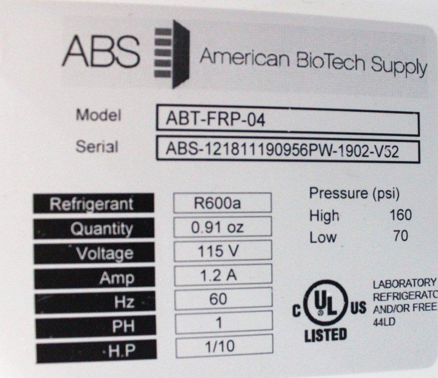 American Biotech Supply ABT-FRP-04 Undercounter Refrigerator 5cu ft 0C to 10C