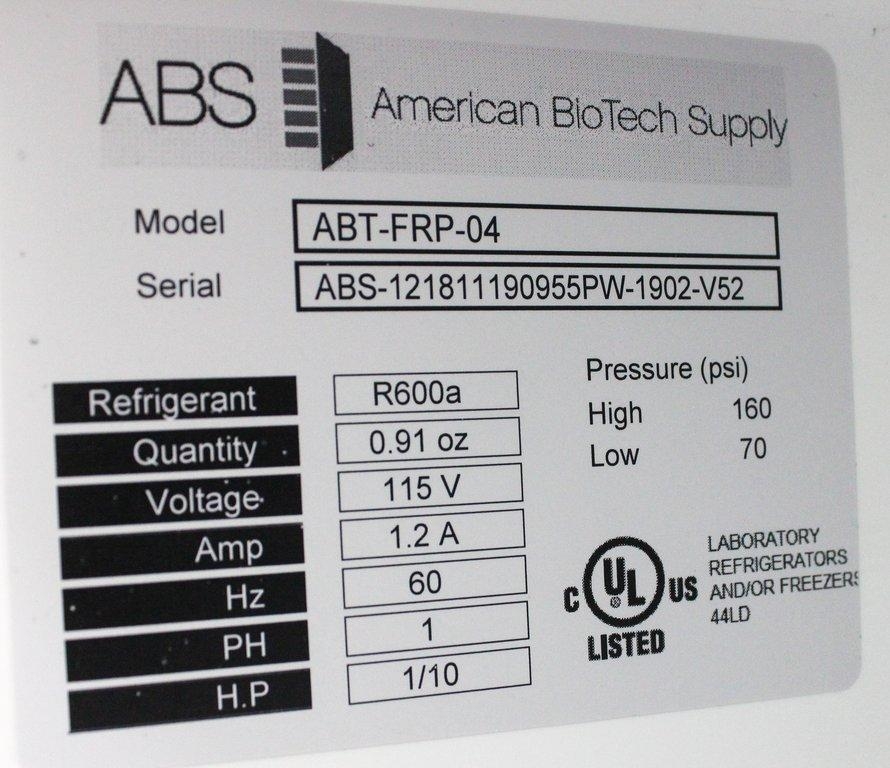 ABS ABT-FRP-04 Undercounter Refrigerator 95 lb 28x28x38 Temp 6C Lab Use