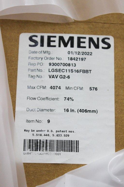 Siemens LGSEC11S16FBBT Lab Room Supply Air Terminal, 2022 Model, USA Made