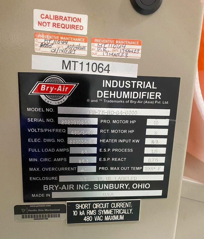 Bry-Air VFB-75 Industrial Dehumidifier 7500CFM Used Powers On USA