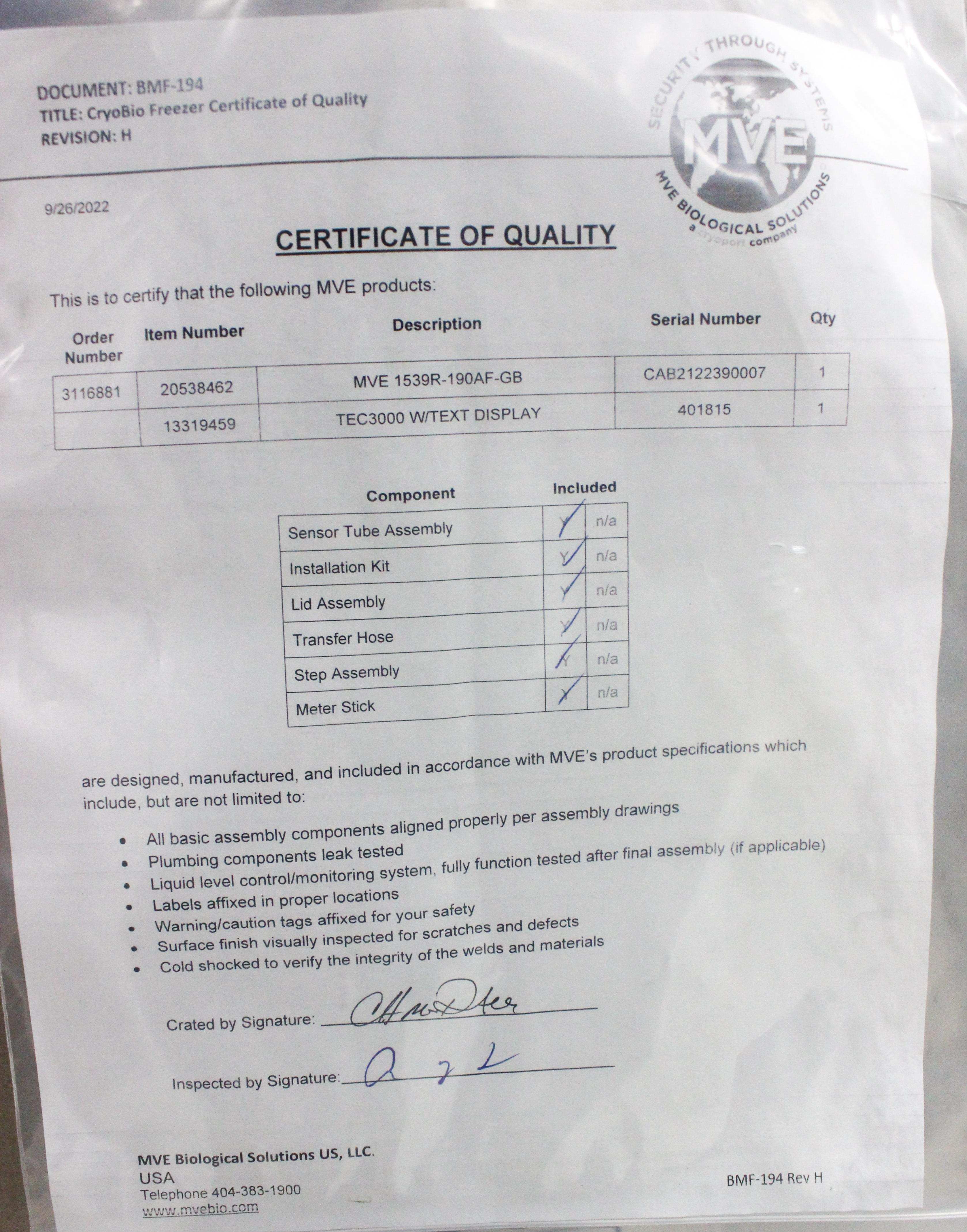 MVE 1500 Series -190C Freezer Cryogenic Storage 42,000 Vials High Efficiency