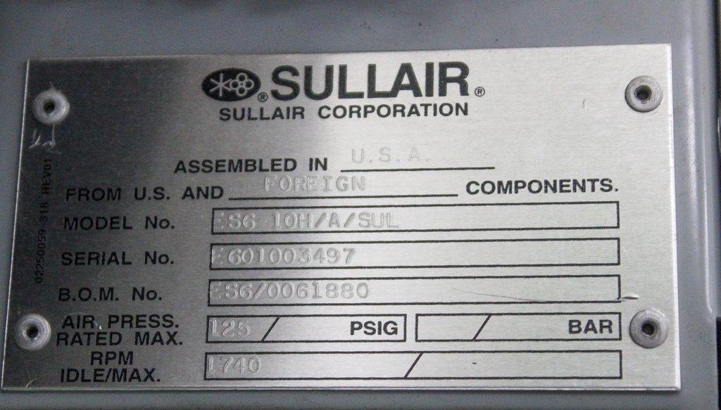 Sullair ES6-10H Air Compressor 10HP 125PSIG 38ACFM 230/460V Fair Condition