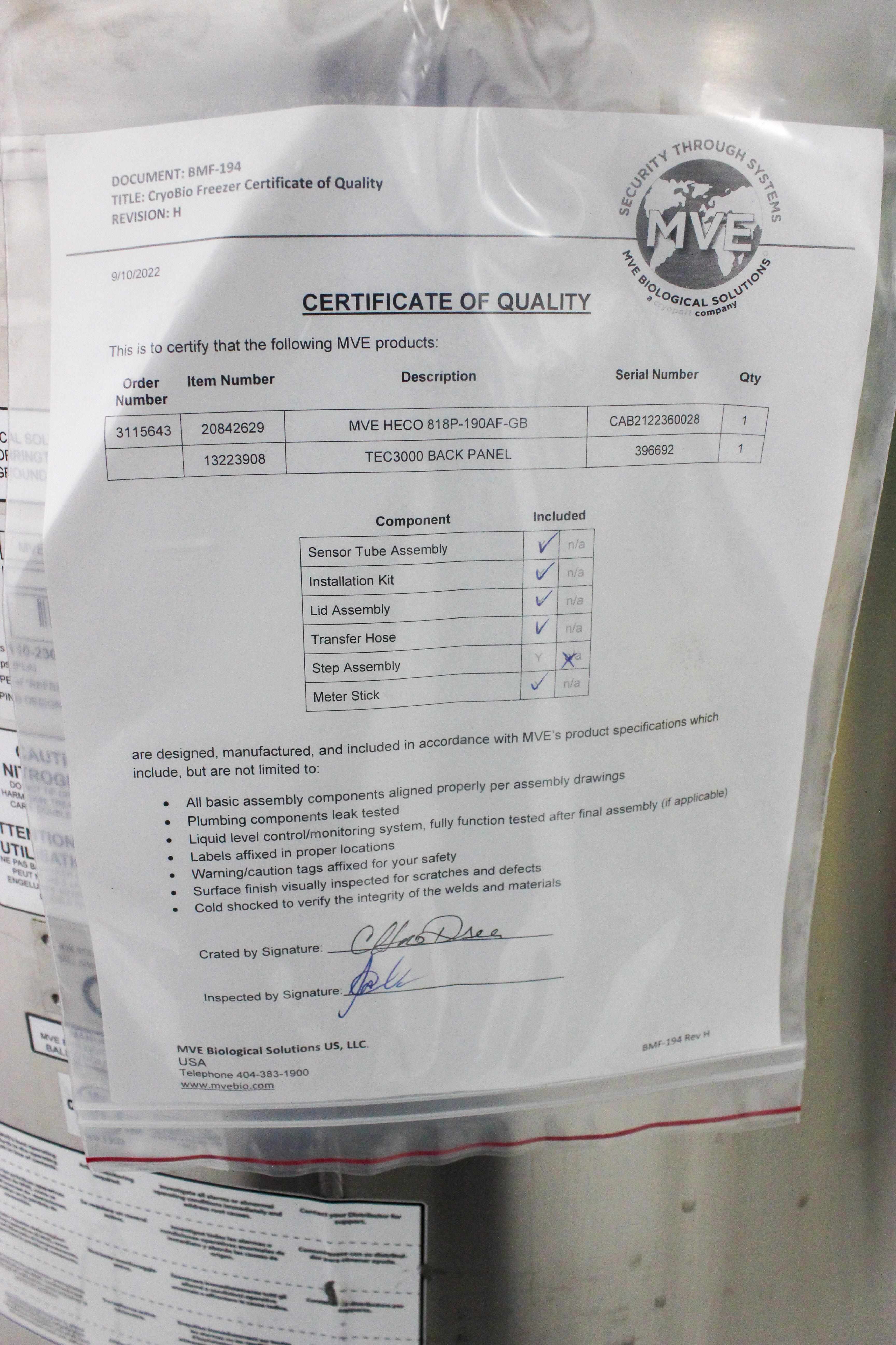 MVE MVE HECO 818P-190AF-GB High-Efficiency Vapor Phase LN2 Freezer