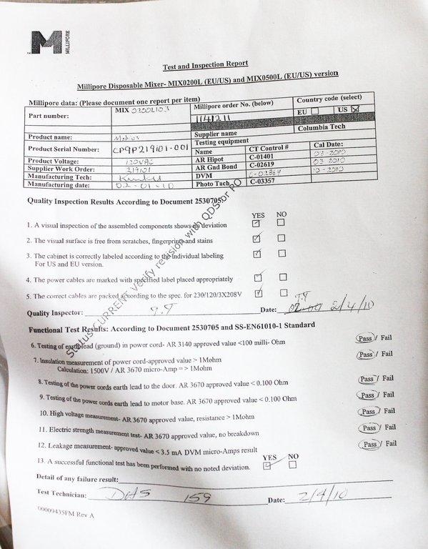 Millipore Mobius MIX0200L103 System Plastic Mixer 200L Control Box Unit