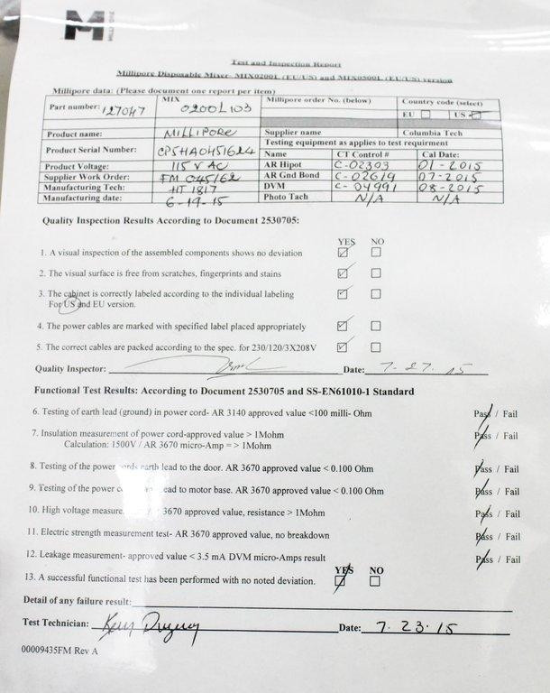 Millipore Mobius Single Use Mixing System MIX0200L103 Durable 200L Mixer